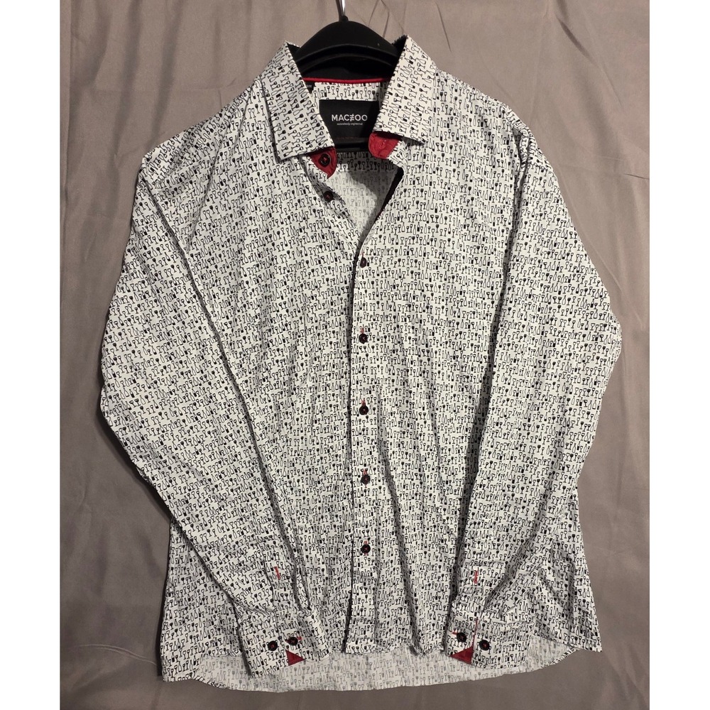 Maceoo Men's 5/XL White Wine Glass Print Long Sleeve Button Up Dress Shirt